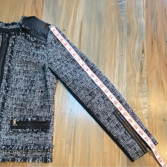 REBECCA TAYLOR Sz 4 Black/White Tweed Zip Lined Jacket Lamb Leather Accents - Picture 11 of 16
